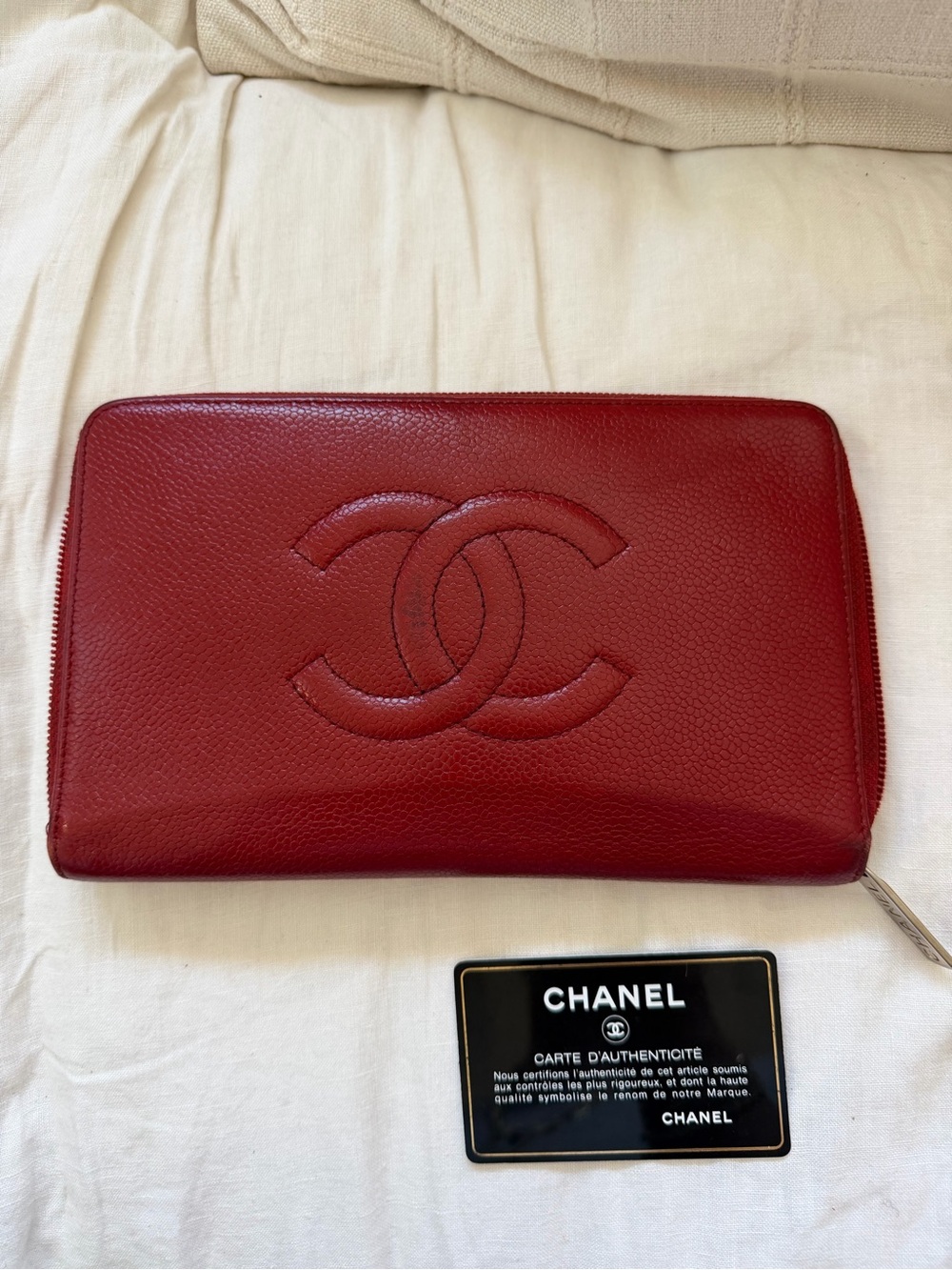 CHANEL Red Quilted CC Zip Around Card Holder